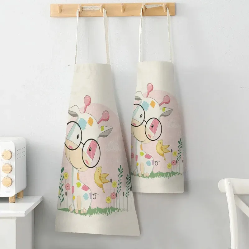 Lovely Cartoon Rabbit Printed Kitchen Aprons for Women Kids Sleeveless Cotton Linen Cooking Cleaning Tools