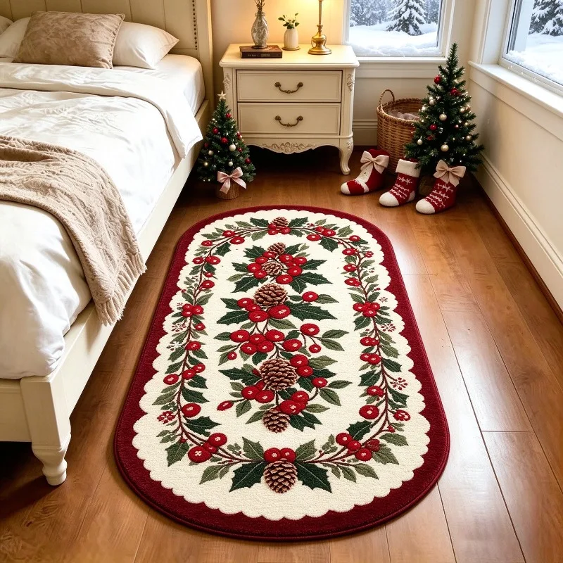 Vintage Christmas Holly Berry Oval Rug Festive Atmosphere Bedside Mat for Bedroom Home Decor Carpet for Living Room Hallway