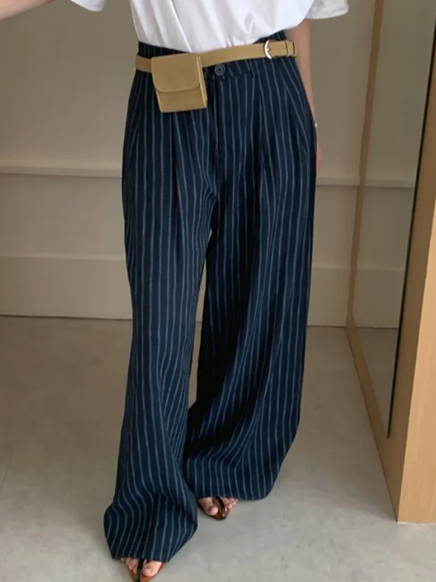

Chic Striped Wide Leg Pants Loose Casual Jeans Floor-Length Trousers Women's Comfortable Loose Fit Straight Leg Jeans