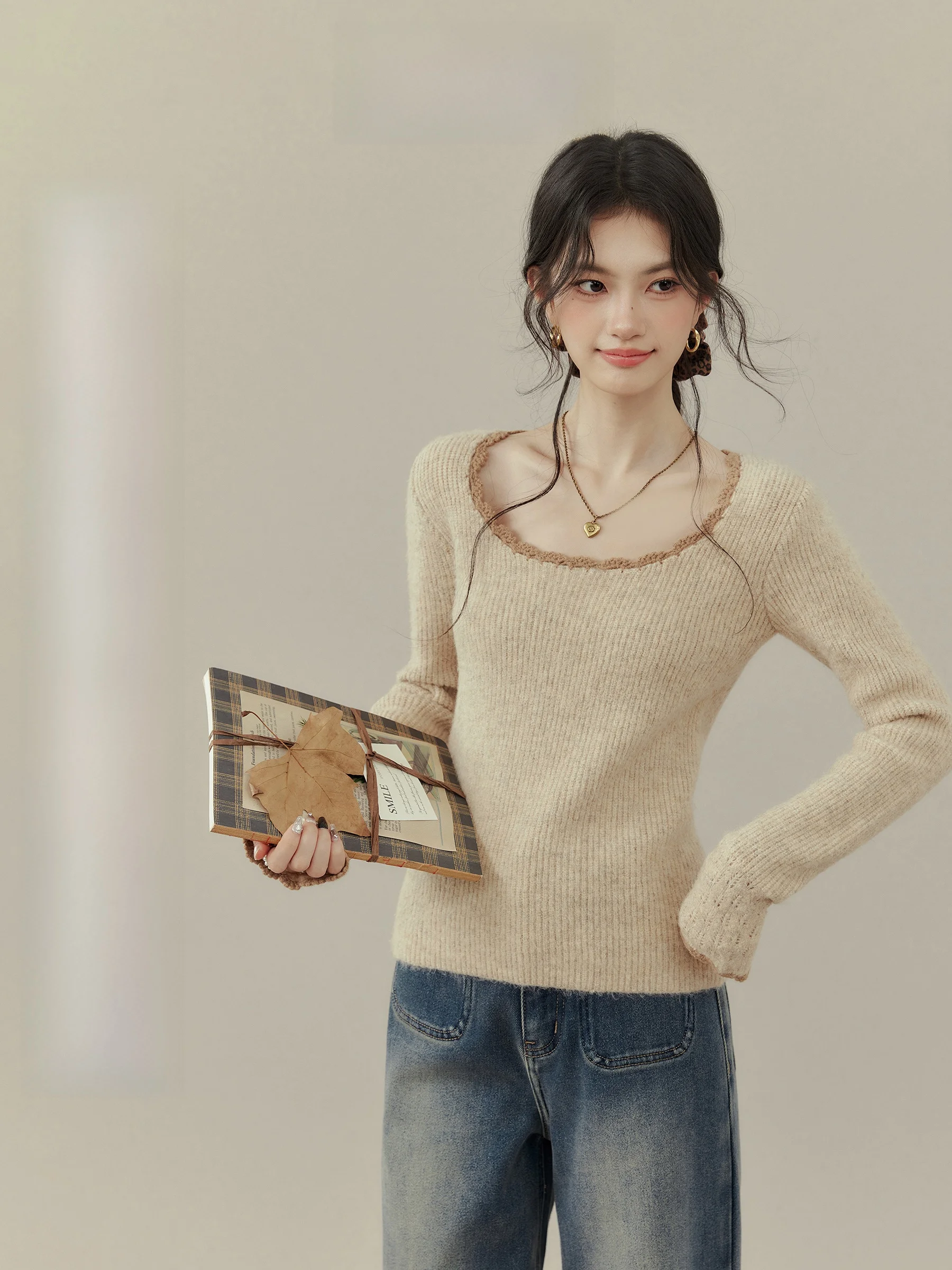 

Ouyang Xi round Ne Knitted Base irt, женская внутренняя одежда, длинное све, осень-зима 2022, новое модное нижнее белье, топ