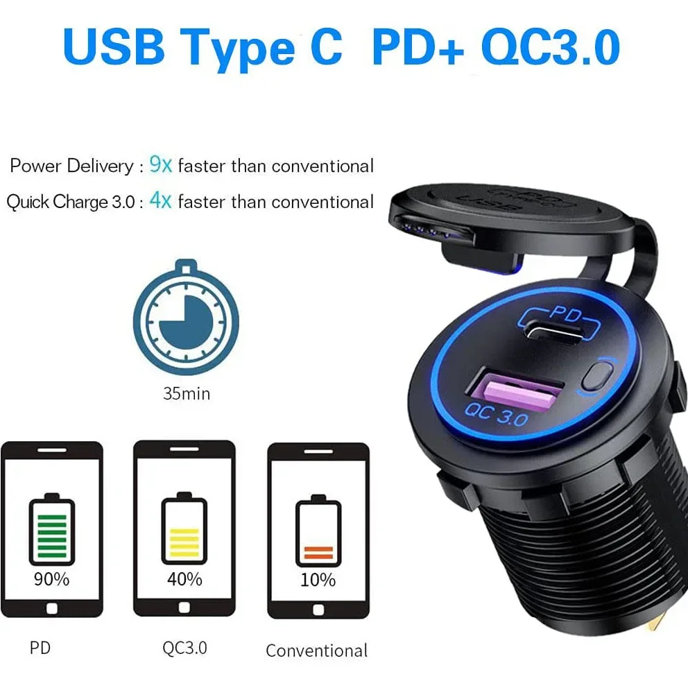 12V PD QC3.0 USB Car Fast Charger Outlet with ON/Off Switch LED Circle Waterproof DIY Car Socket for Car Boat RV