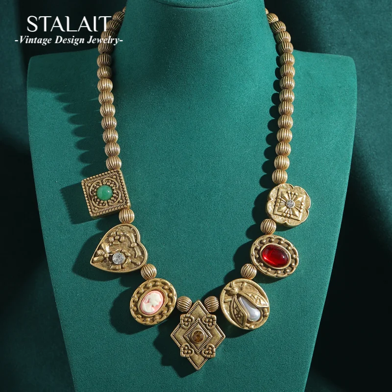 

Винтажное колье-колье для женщин, рельефное камея, сердце, натуральный камень, цвет античного золота, высокое качество, роскошные дизайнерские украшения 2025