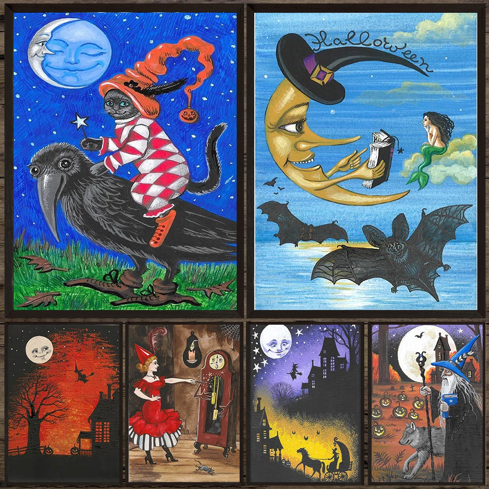

The Cat Wizard And The Black Crow Abstract Witchcraft Art Poster Print,Funny Full Moon Ghost Gothic Wall Art Canvas Print Decor