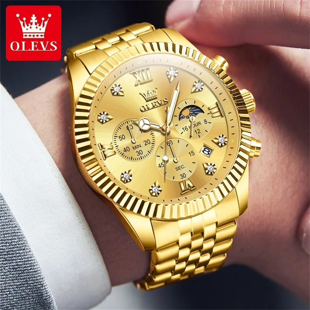 OLEVS Mens Watch Brand Quartz Wristwatch Chronograph Zircon Scale Waterproof Luminous Three Small Dial Watches For Men