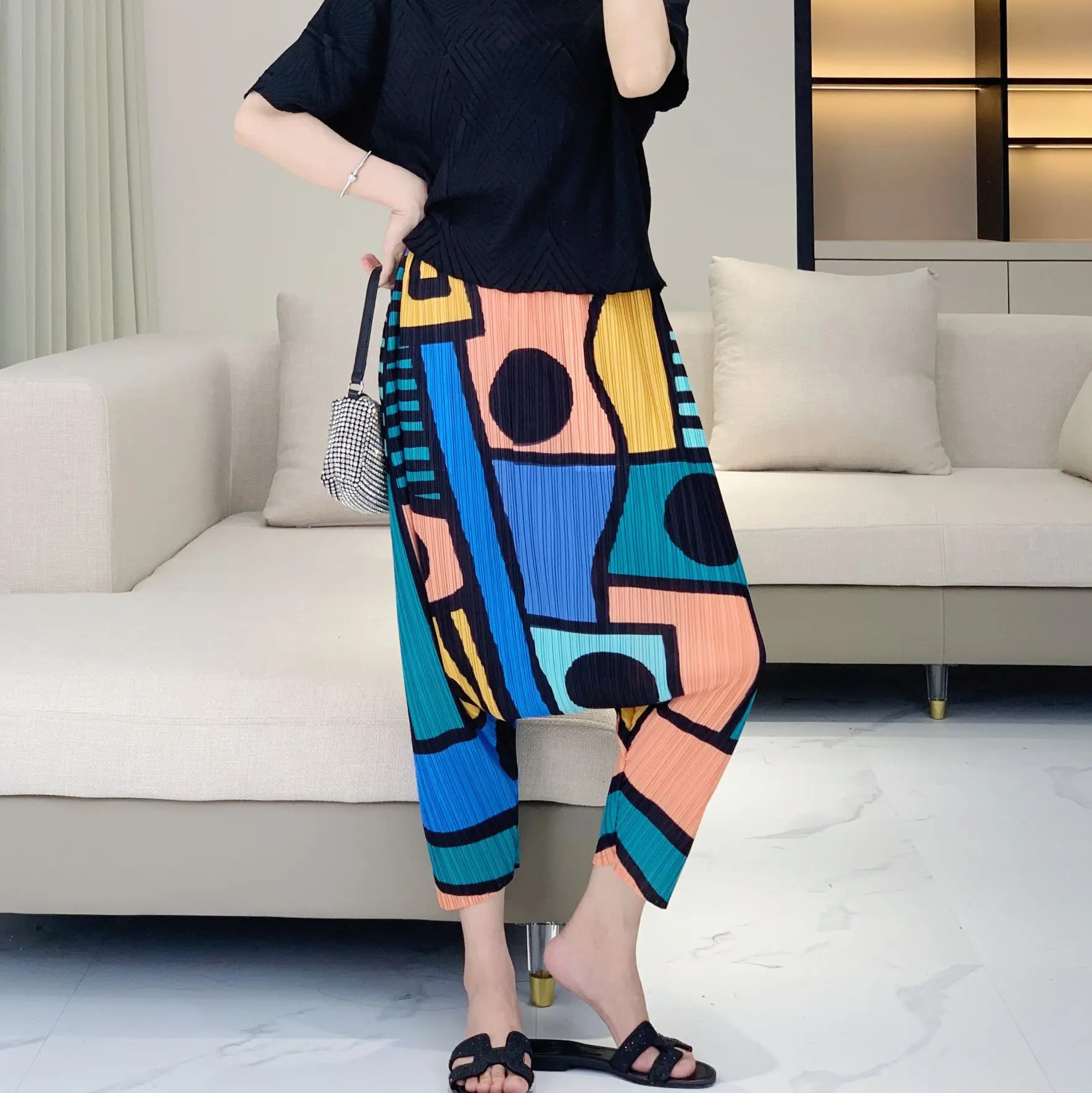 

High-end Pleats Pleated Printing Mid-high Waist Crotch Trousers Casual Versatile Thin Nine-minute Trousers Female Summer New