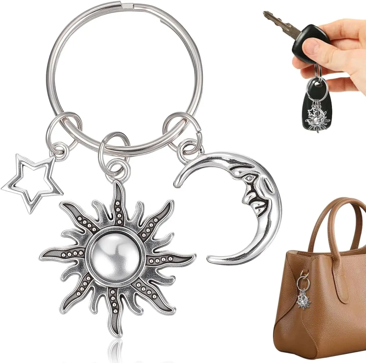 

Sun Moon Star Keychain Stainless Steel Ring for Purse Handbag Backpack Car Key Holder Jewelry