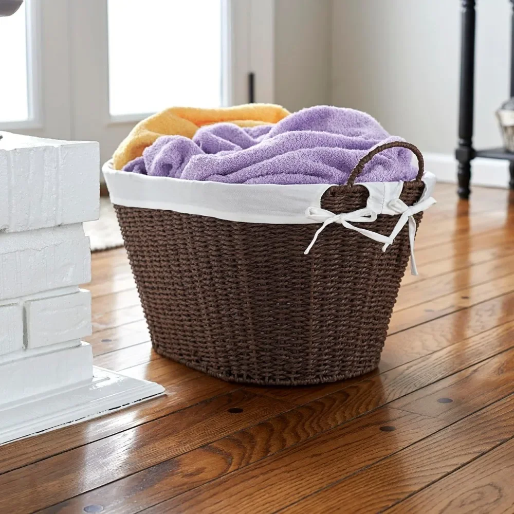 Essentials ML-7067 Paper Rope Wicker Laundry Basket with Handles | Comes with Removable Liner | Dark Brown