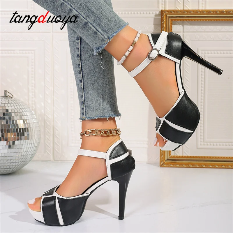 New 2024 Summer Black Chunky Heel Stiletto Open Toe Waterproof Platform Buckle High Heel Women\'s Sandals White Shoes