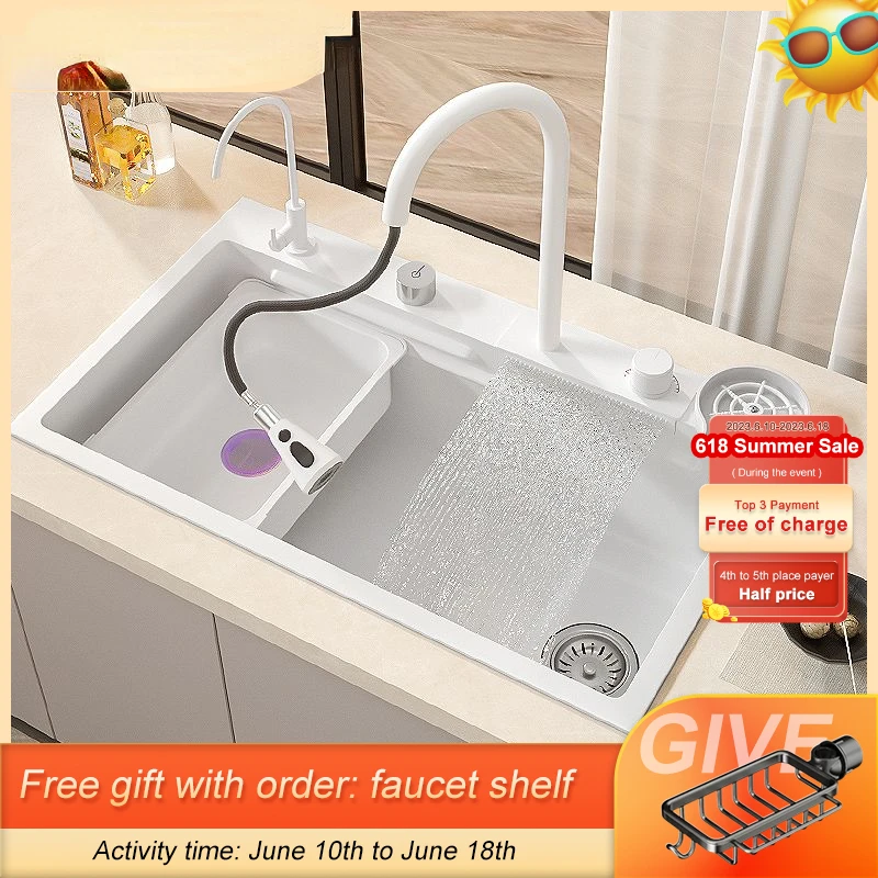 

Waterfall Kitchen Sink White Large Single Slot Nano 304 Stainless Steel Kitchen Sink With Waterfall Faucet For Kitchen