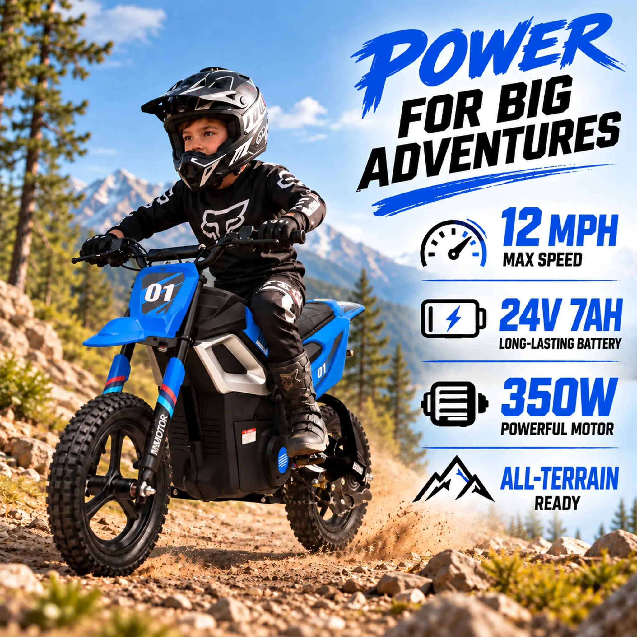 24V Kids Electric Dirt Bike 350W 12MPH 3-Speed Ride On Motorcycle With MP3, Front Rear Disc Brakes, 13.8in Tires, 14-Mile Range