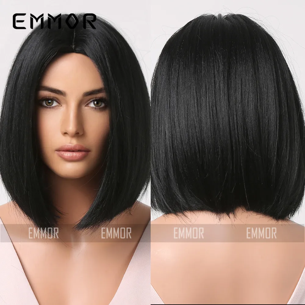 New European Style Black Full Head Wig for Women, Short Straight Bob with Straight Bangs, Natural & Youthful Look