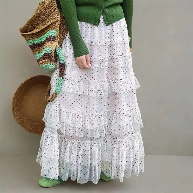 

High Waist Black Dot Tierred Ruffles Design Cake Skirts Chic Sweet Versatile Style Women A-line Skirt Summer