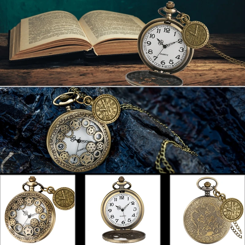 خمر النحاس العتيقة Steampunk البرونزية الجوف والعتاد كوارتز ساعة الجيب قلادة قلادة ساعة سلسلة الرجال النساء مع ملحق