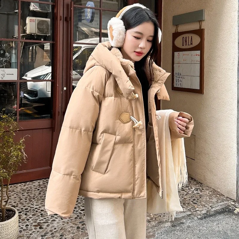 

Korean Lazy Sle Loose Cotton Jaet Women's Winter Thiened Hooded Bread Coat Button Outerwear Straight Tube Long Sve
