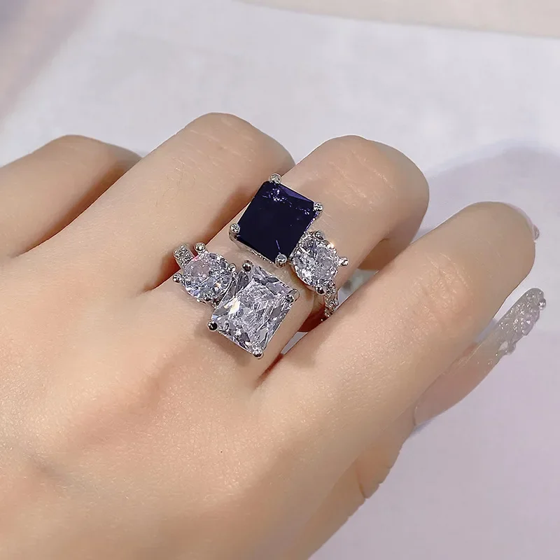 LXOEN Luxury Big Blue Bling Zircon Stone Silver Color Adjustable Ring for Women Wedding Party Engagement Fashion Jewelry 2022