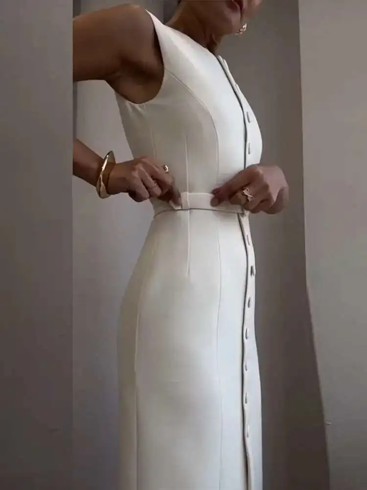 エレガントなシングルブレストタンクドレス女性ベルトノースリーブ O ネックスリム固体春ドレス通勤ストリートスプリットレディローブ B8QW