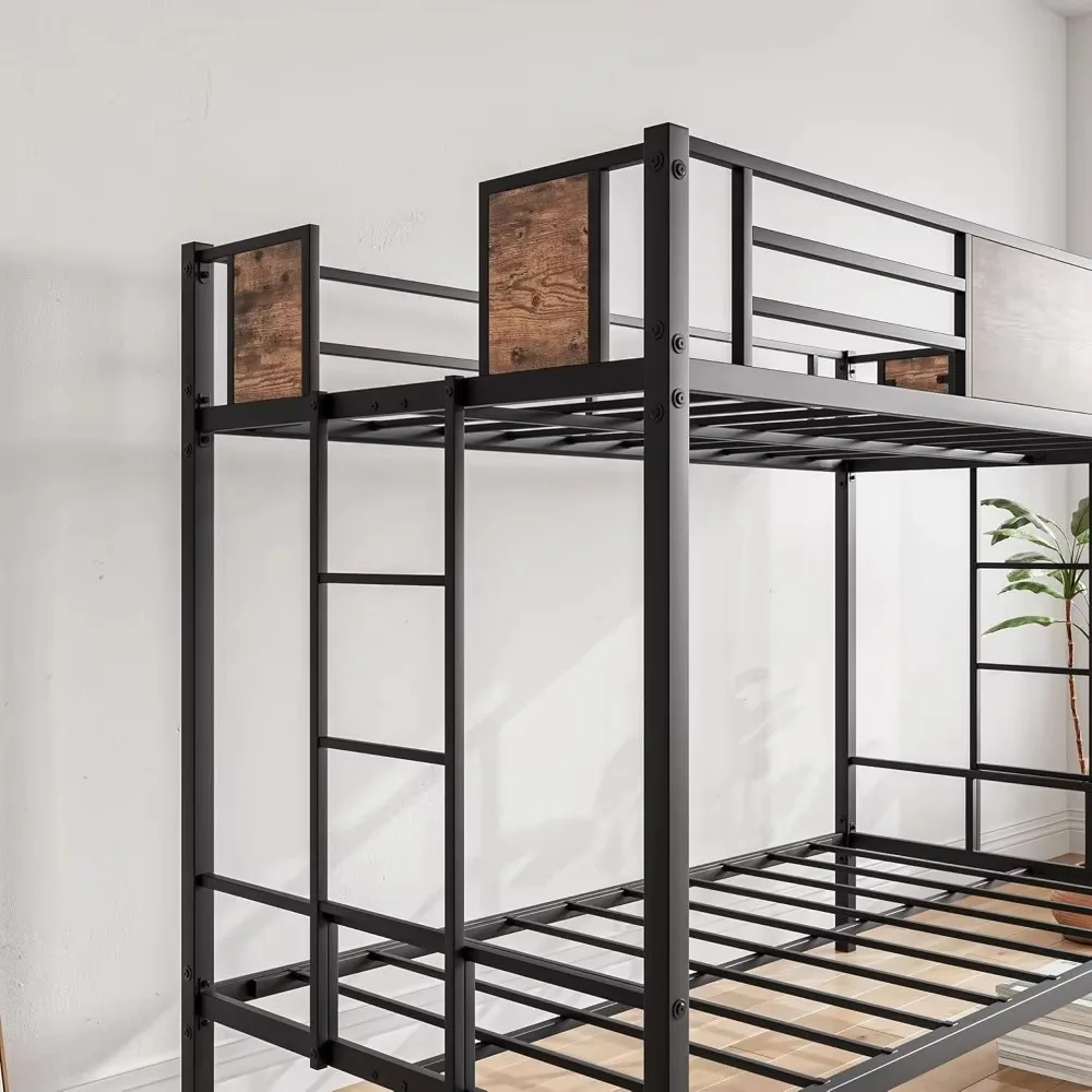 Metal bunk bed with 2-sided ladder and full-length guardrail, space-saving, no box springs, no noise, black and vintage brown