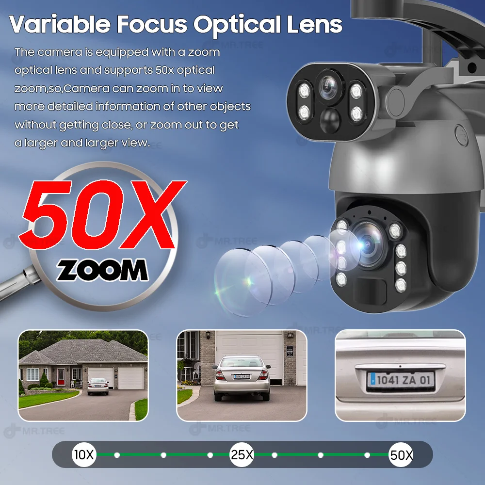 50XZOOM Solar Camera 4G SIM/WiFi Dual Lens Outdoor Security Camera with Night Vision,Waterproof Wireless Surveillance for Garden