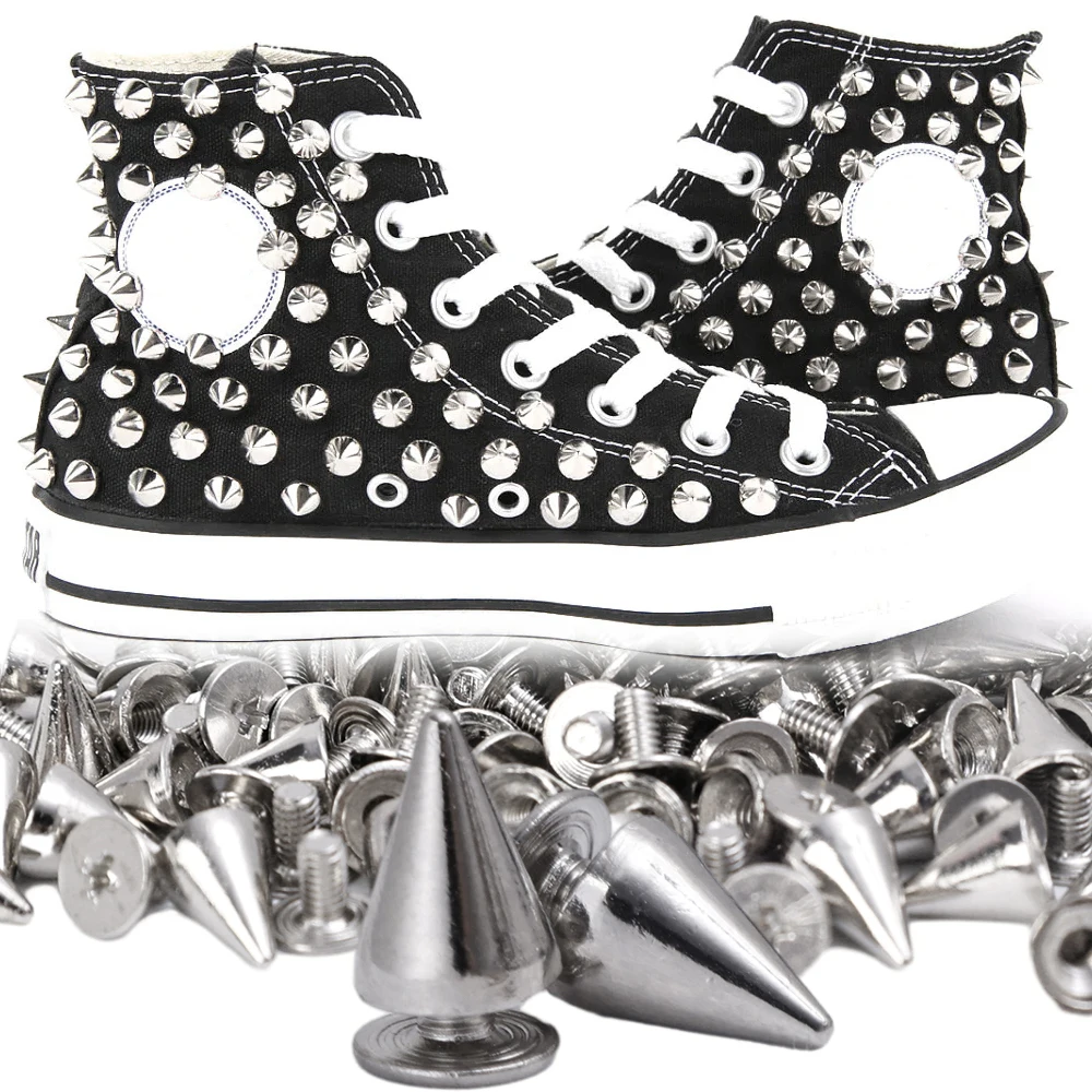 Punk Rock Bala Rebites Cone Spikes, Screwback Studs, Spikes para Halloween Cosplay, Roupas DIY, Acessórios Artesanais de Couro, 300 Pcs, 10 Pcs