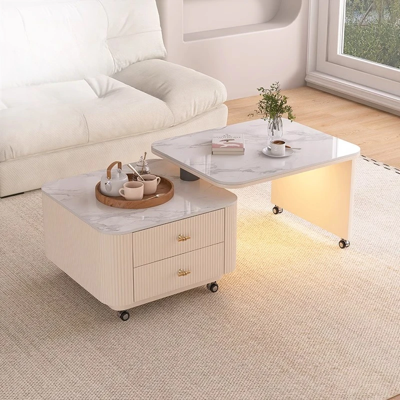 

Журнальный столик из каменной плиты для гостиной, бытовой, маленькой квартиры, современный светильник, роскошный кремовый вращающийся мобильный квадратный журнальный столик с ветром