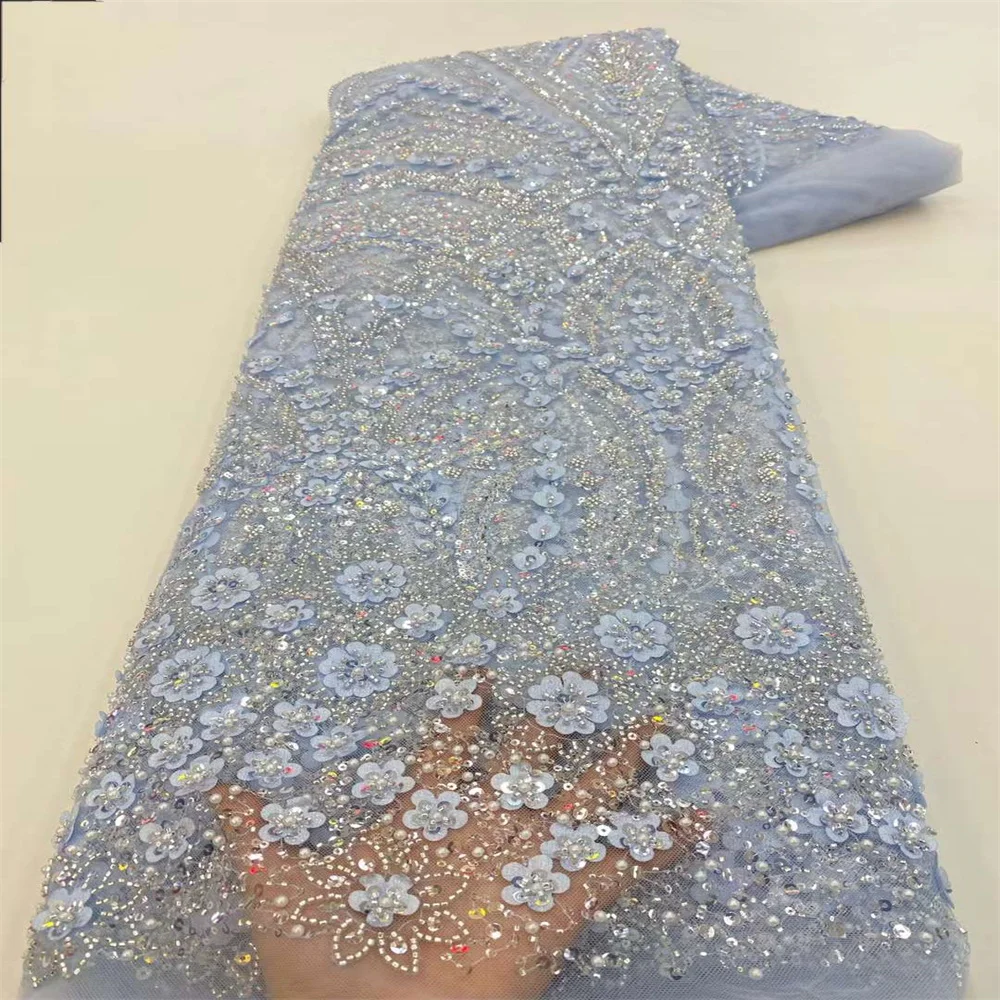 Luxury Sequins African Nigerian Tulle Lace Fabric High Quality Beaded Popular Embroidery Sewing Tulle Lace For Dresses 2-5XZ3605