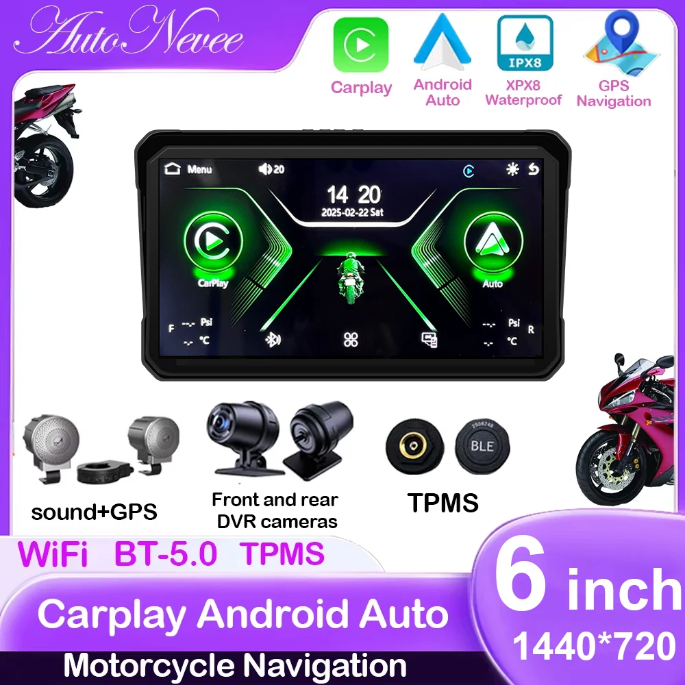 

6,25-дюймовый навигационный экран для мотоцикла, беспроводной CarPlay Android Auto, GPS-двигатель для мотоцикла, двойной видеорегистратор, монитор AMP TPMS, опционально