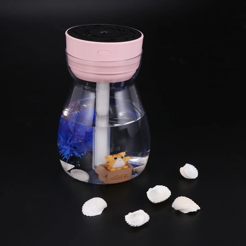 2X เครื่องเพิ่มความชื้นในอากาศน่ารักเครื่องทำละอองน้ำเย็นสำนักงานห้องนอนเครื่องกรองอากาศชาร์จ USB Kawaii พร้อมขวดไฟ LED (สีชมพู)