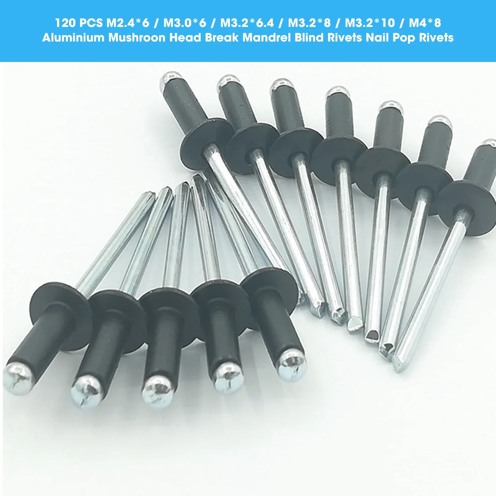 Black Aluminum Blind Rivet Set, Steel Pull Rivet, Mushroon Head, Break Mandrel, Nail Pop Rebites, M2.4, M3.2, M4, 120Pcs