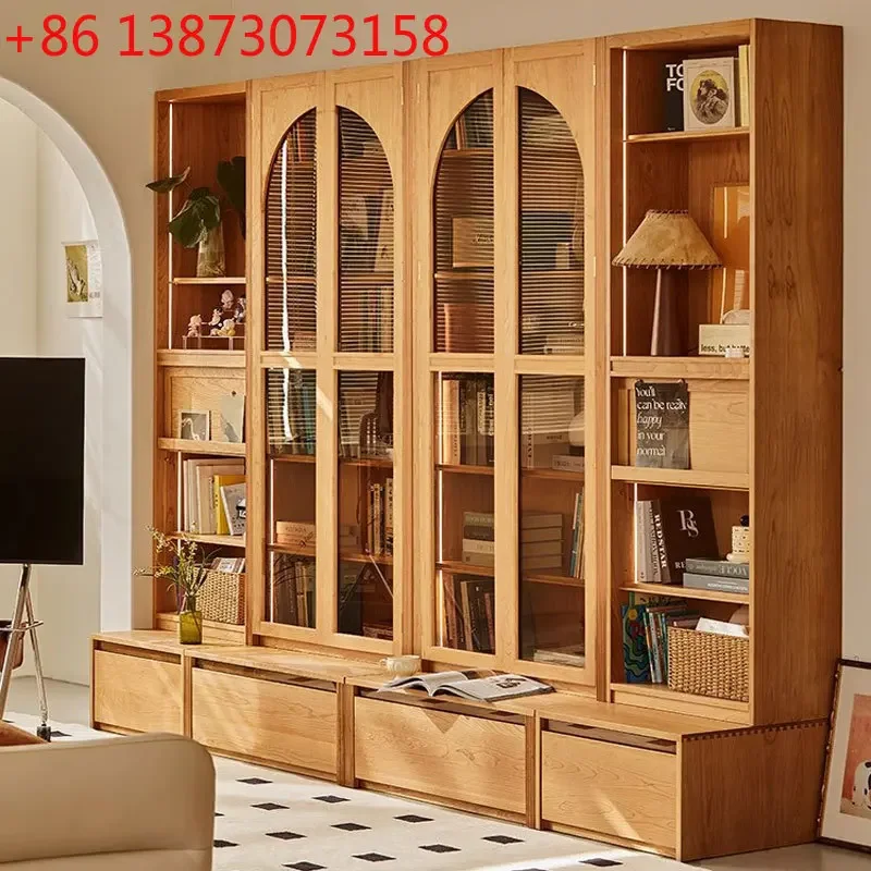 Japanese-style solid wood cherry wood glass door bookcase Nordic black walnut bookshelf household floor combination storage