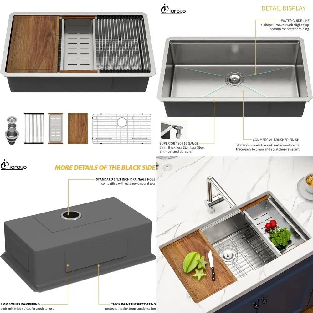 

33 Inch IOROYO Undermount Stainless Steel Kitchen Sink with Single Bowl and Workstation Features