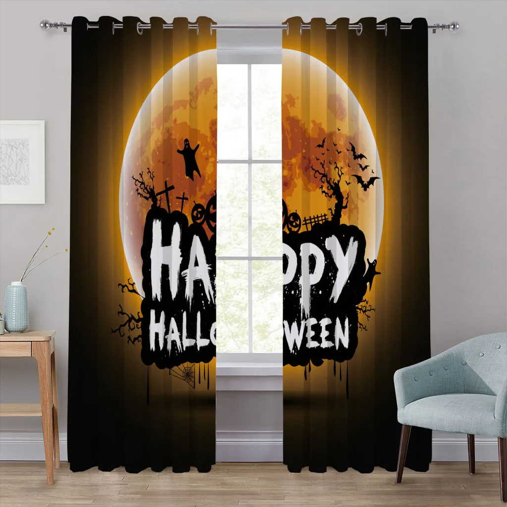 

Happy Halloween Castle Cat Animal Thin Window Curtain for Kids Living Room Bedroom Bathroom Kicthen Door Cupboard Decor Hooks