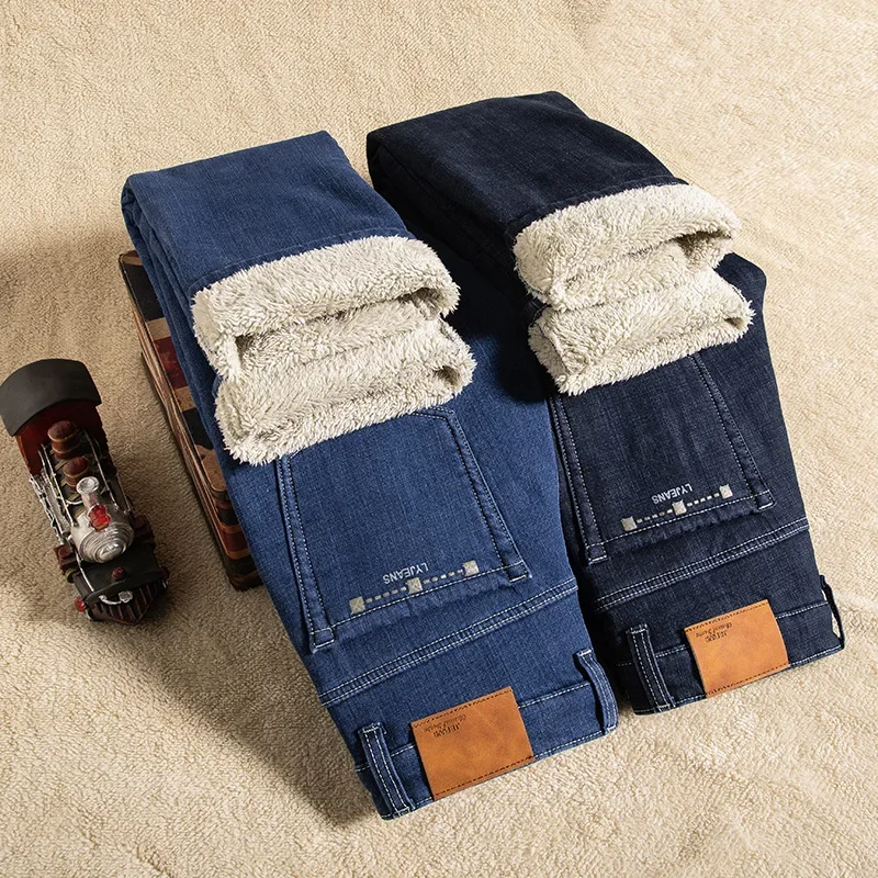 2025 New In Fleece Jeans Thick Warm New Winter Men's Pants Loose Straight Stretch Cashmere Trousers Denim Multiply Plus Size