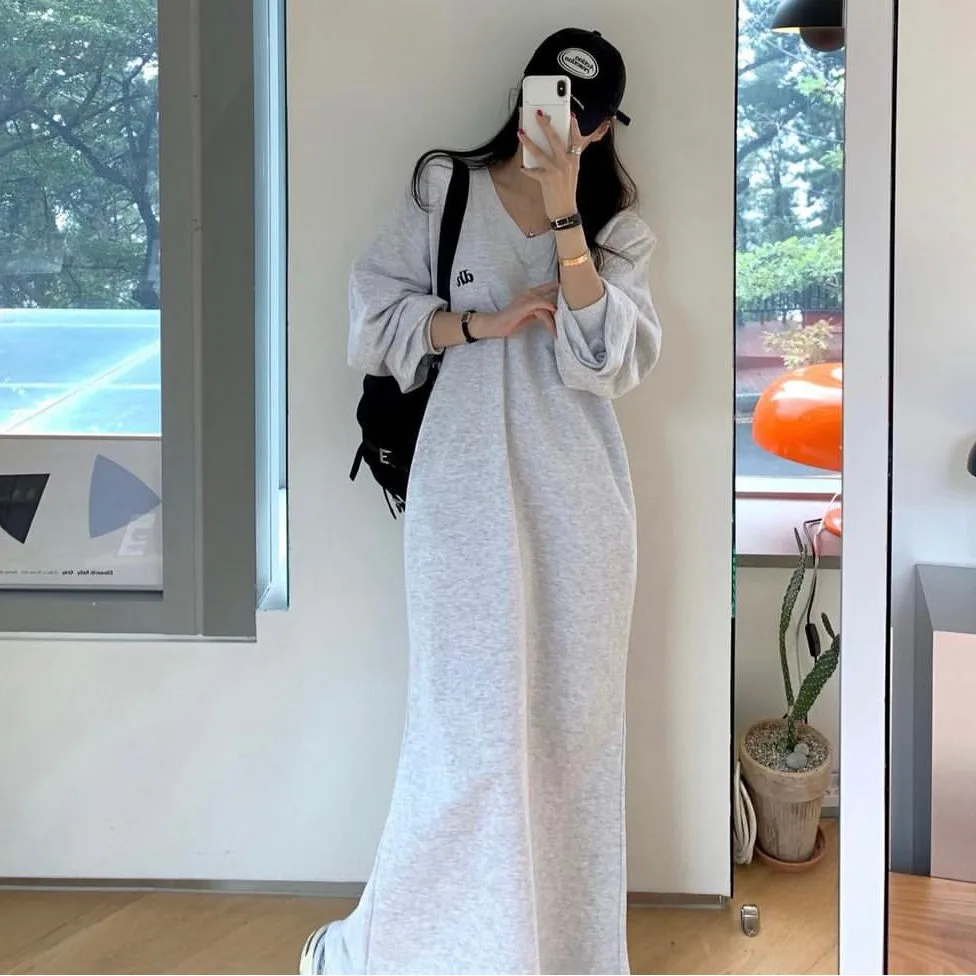 Autumn Winter Lazy Sle V-neck Embroidered Letter Loose Casual Long Sleeve Sweatshirt Dress Women Sweet Sle Lantern Sleeve...