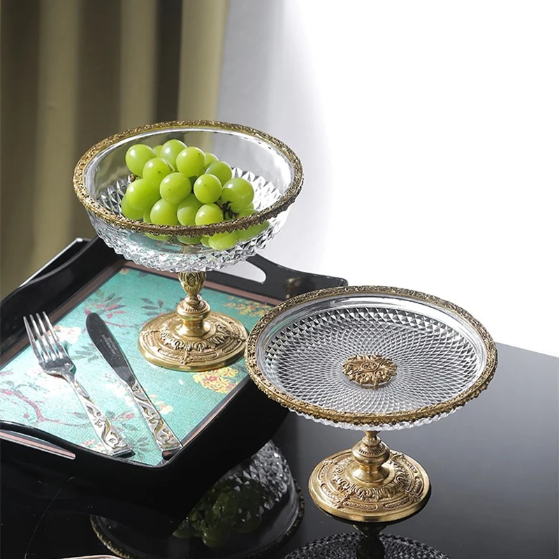 Crystal High Foot Storage Tray Brass Base Livingroom Ornaments Fruit Plate Elegant Luxury Home Coffeetable Dinnertable Storager