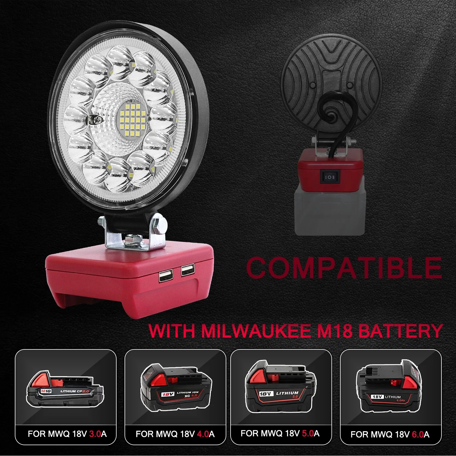 Outdoor Handheld Flashlight for Milwaukee M18 18V Li-ion Battery 27W 6000LM With Dual USB Port Emergency Lights