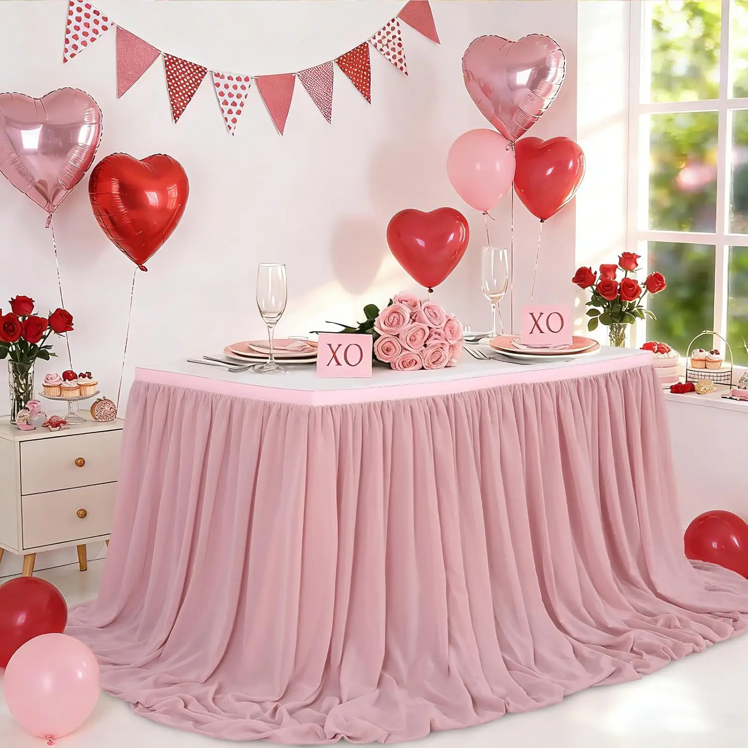 Chiffon Table Skirt for Rectangle Tables Mermaid Table Skirting for Wedding Birthday Butterfly Party Baby Shower Decoration