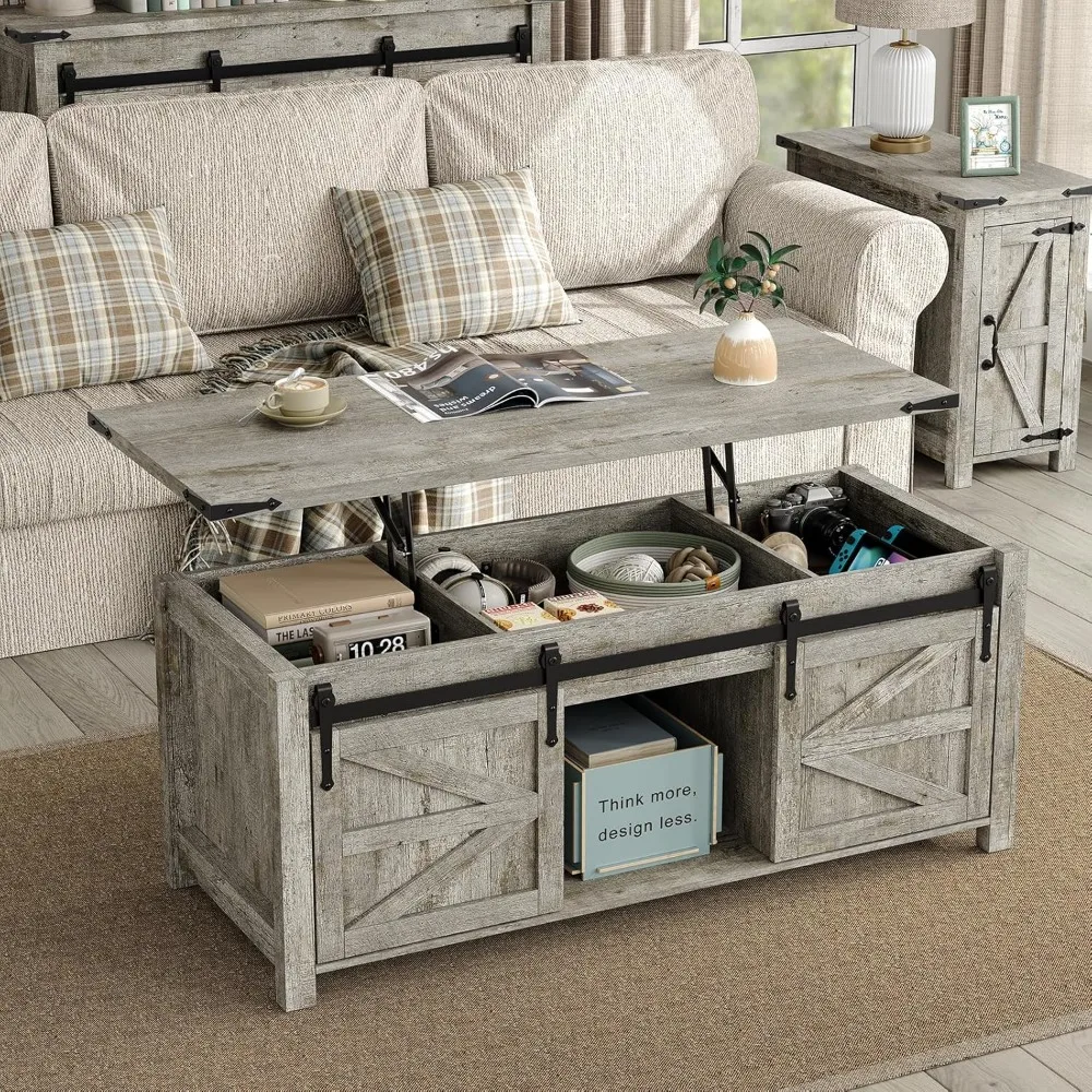 

Farmhouse-Style Coffee Table with 47.3 Length, Large Secret Storage and Sliding Barn Door Design