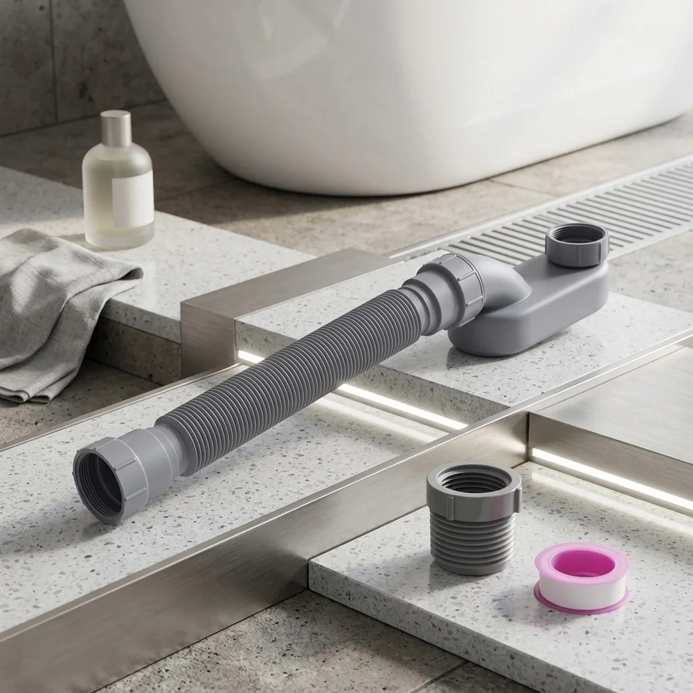 Adjustable Flexible Drain Pipe 12 to 33.5 Inch Low Profile Flat P Trap Kit for Standalone Bathtub Easy Bend Installation