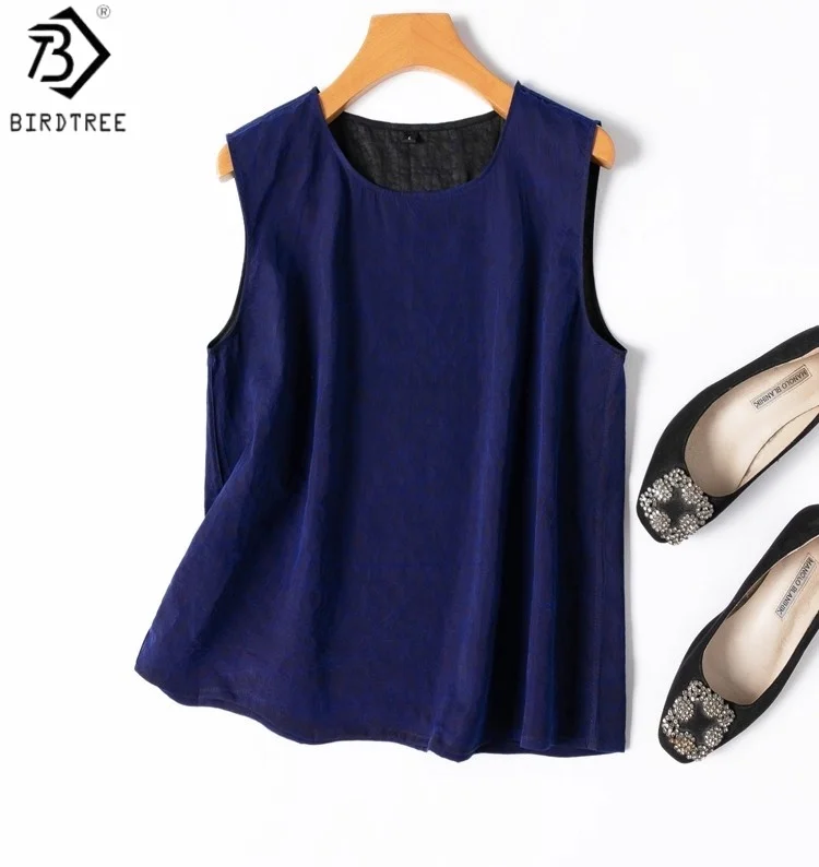 

Birdtree 100% Silk Blue Vest,Women Craquelure Xiangyun Yarn Waistcoat,O-neck Sleeveless 2025 Summer Tops T59502JF
