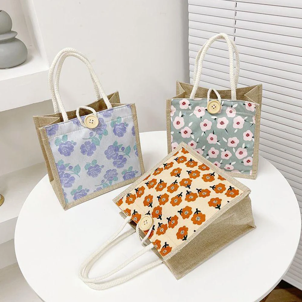 Flower Print Burlap Tote Bags Women Linen Tote Shopper Purses Summer Beach Handbags Portable Eco Top Handle Shopping Bag