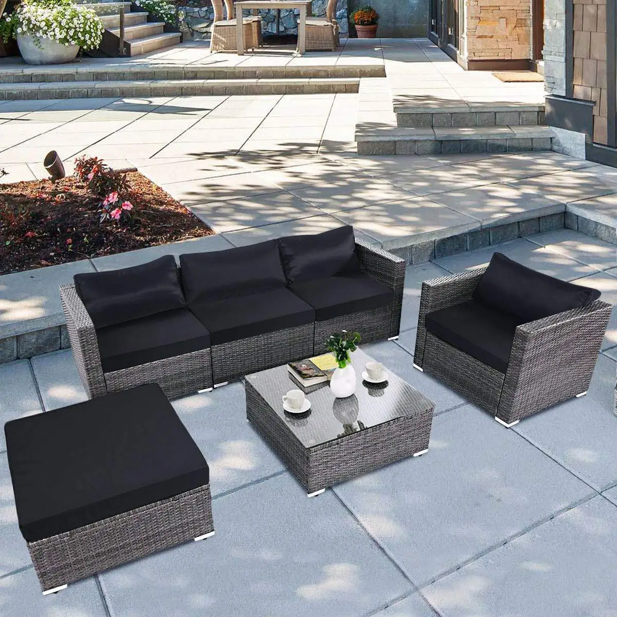 6PC All Weather PE Rattan Wicker Steel Frame Sectional Cushioned Seat Outdoor Patio Sofa Set Grey, Customized