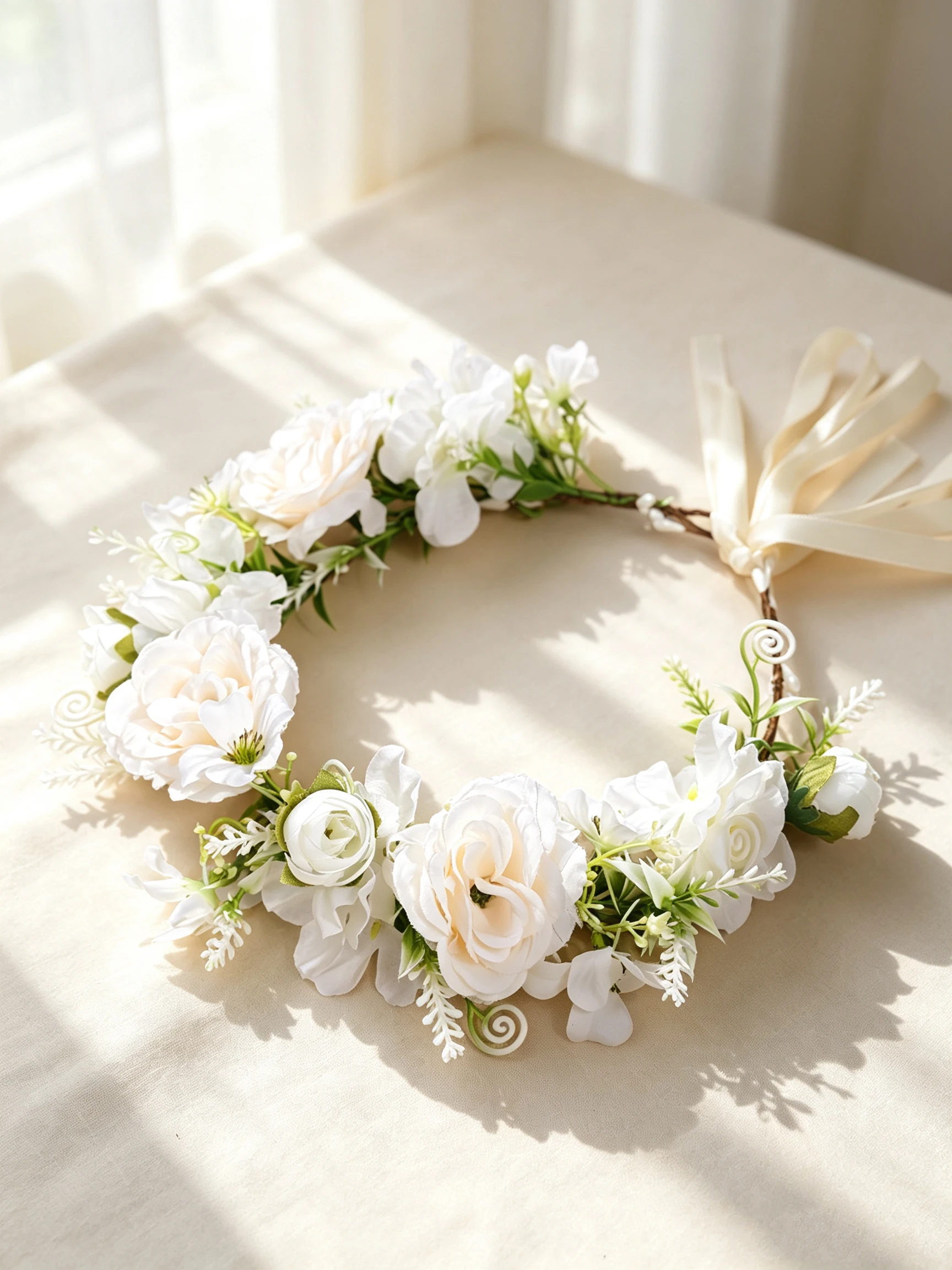 Orange Roses, White Flowers, Green Leaves, Wreath, Bride's Wedding Dress, Headpiece, Travel Photography, Children's Picnic, Holiday Flower Headband view 3