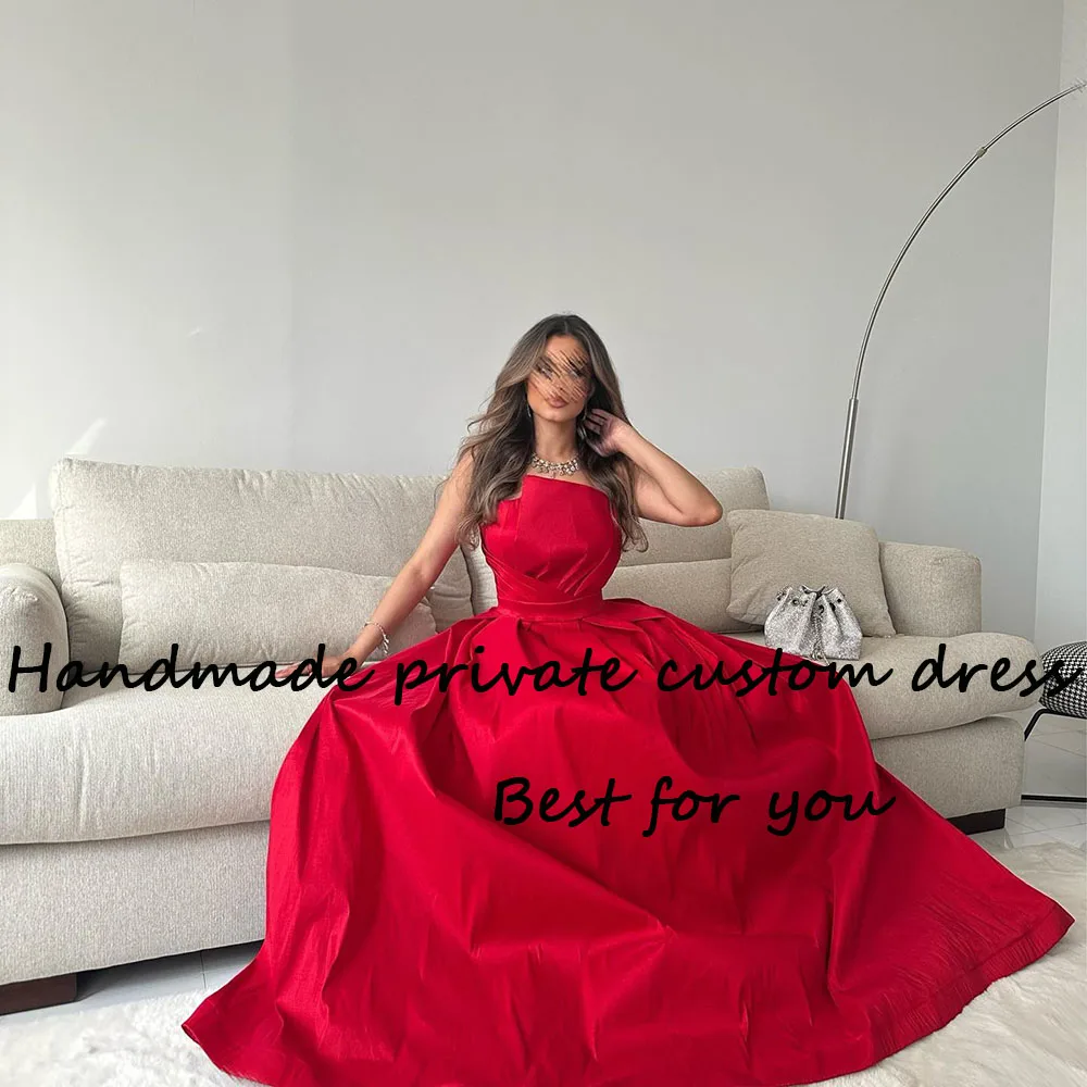 Viisher Red A Line Prom Party Dresses for Women One Shoulder Pleats Satin Long Evening Dress Floor Length Arabic Formal Dress