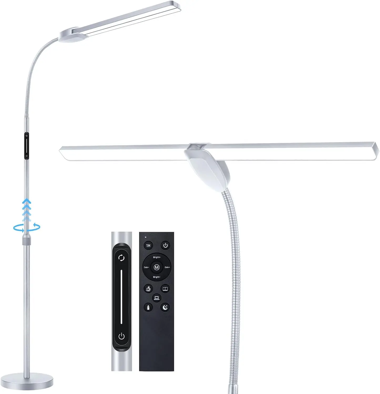 Outon Led Floor Lamp With Double Head, 18W 1800Lm, Super Wide & Bright, Height Adjustable, Remote & Touch Control, Memory