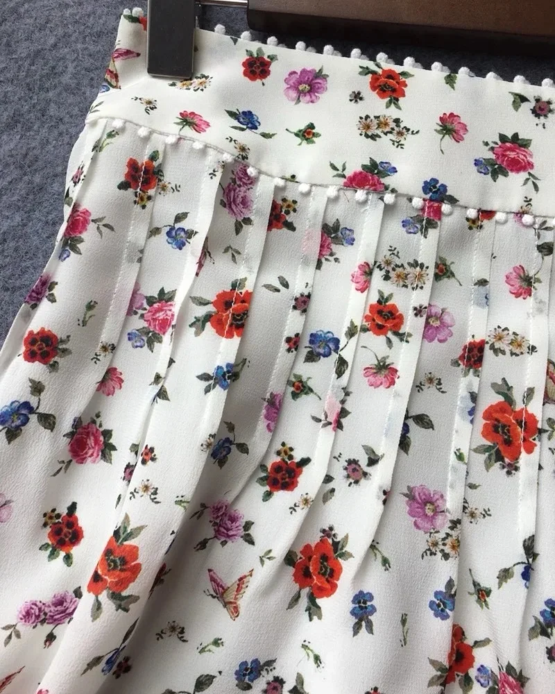 

French Floral Organ Pleated Short Skirt for Women's Clothing Female Doudou Lace Silk Mini Skirts Summer