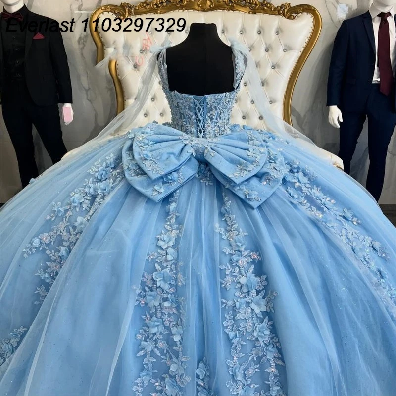 EVLAST مخصص المكسيك الأزرق Quinceanera فستان الكرة ثوب ثلاثية الأبعاد الأزهار الدانتيل زين مطرز القوس الحلو 16 Vestido De 15 Anos TQD507