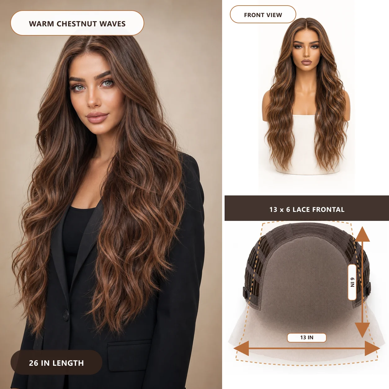 26 Inch Chestnut Brown 13x6 Lace Frontal Synthetic Wigs Body Wave Pre Plucked Glueless Natural Hairline Wigs for Women