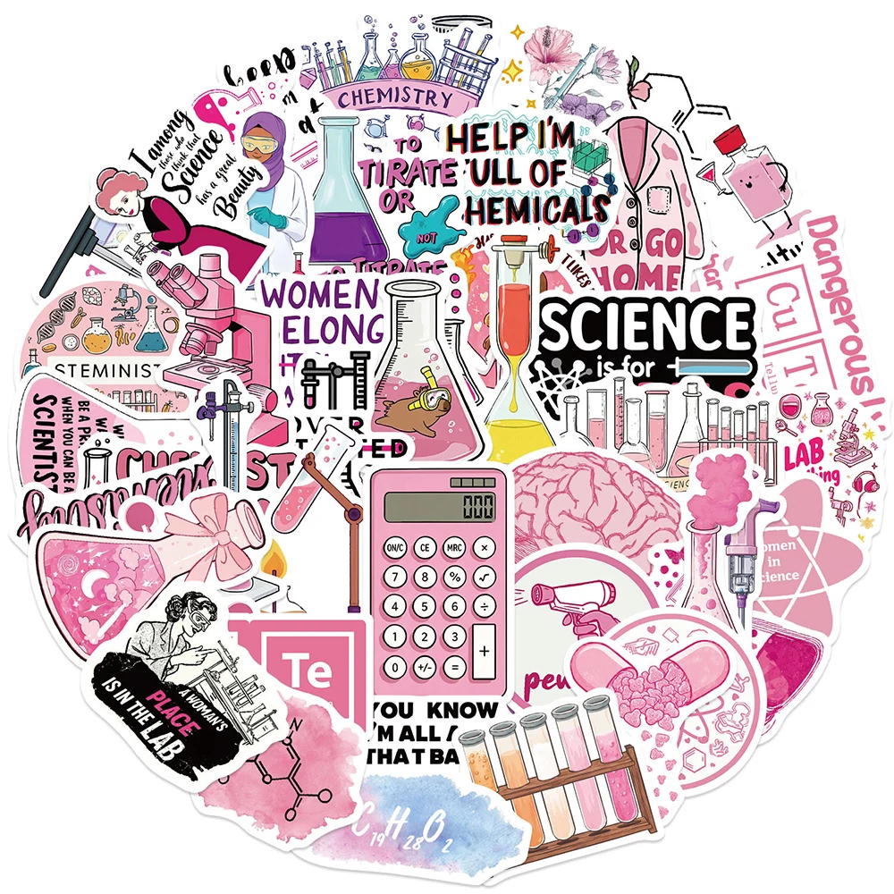 10/30/50pcs Pink Chemistry Lab Stickers Cute Science Lab Experiment Decoration Decals Graffiti Scrapbooking Luggage Diary