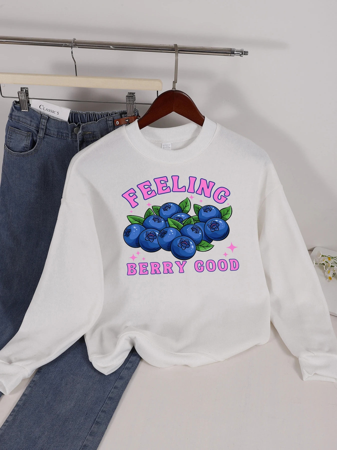 

Толстовка с принтом Feeling Blueberry, женский флисовый повседневный пуловер с круглым вырезом, спортивная одежда в стиле хип-хоп, осенняя флисовая женская одежда