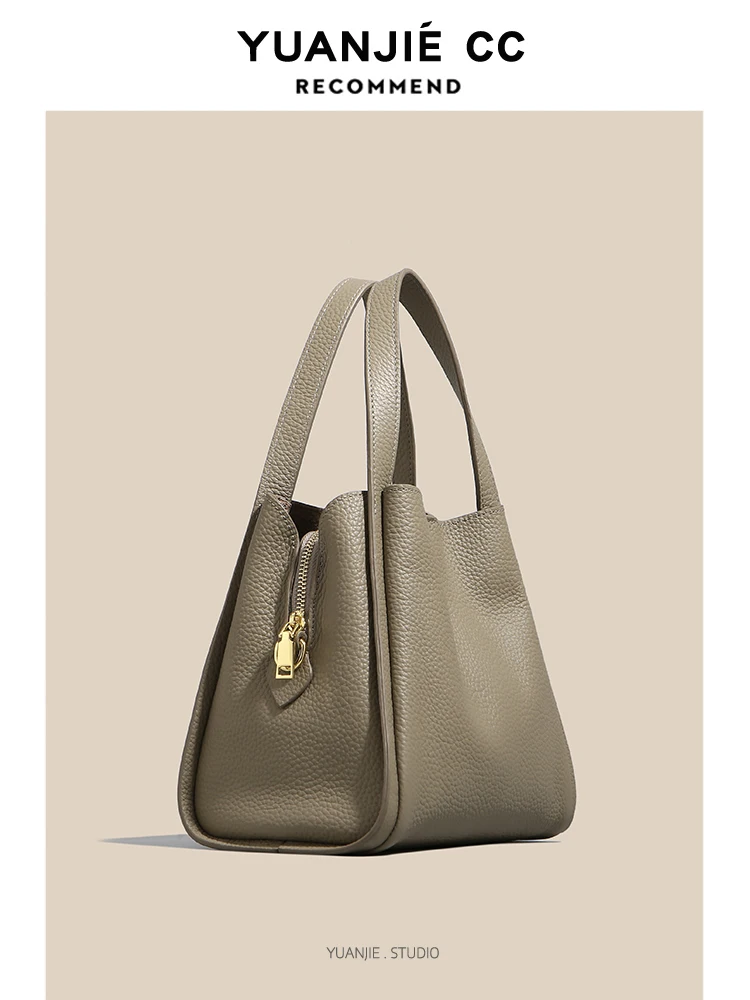 

Genuine Leather Bucket Bag Women's Crossbody Shoulder Handbag Tote Bag Soft Leather Magnetic Buckle Closure Casual Style